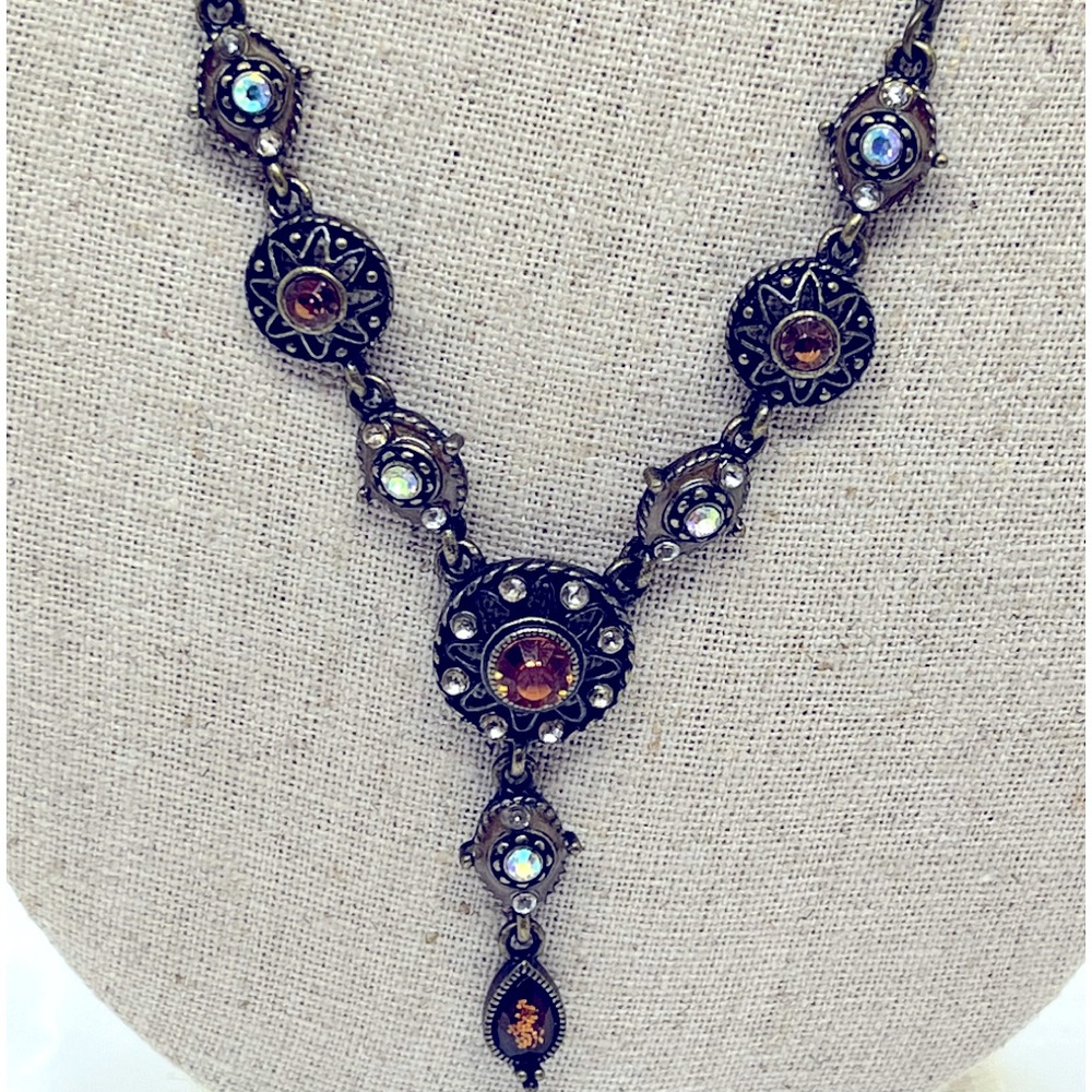 18” AvonVintage Antiqued Lariat Amber Rhinestone Necklace & Earring Set